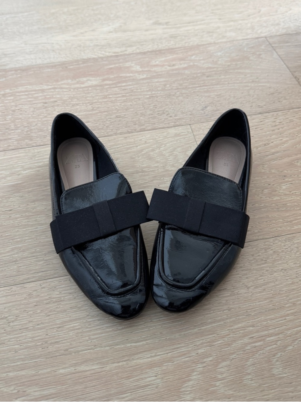 Zara Black Patent Loafers with Bow Detail